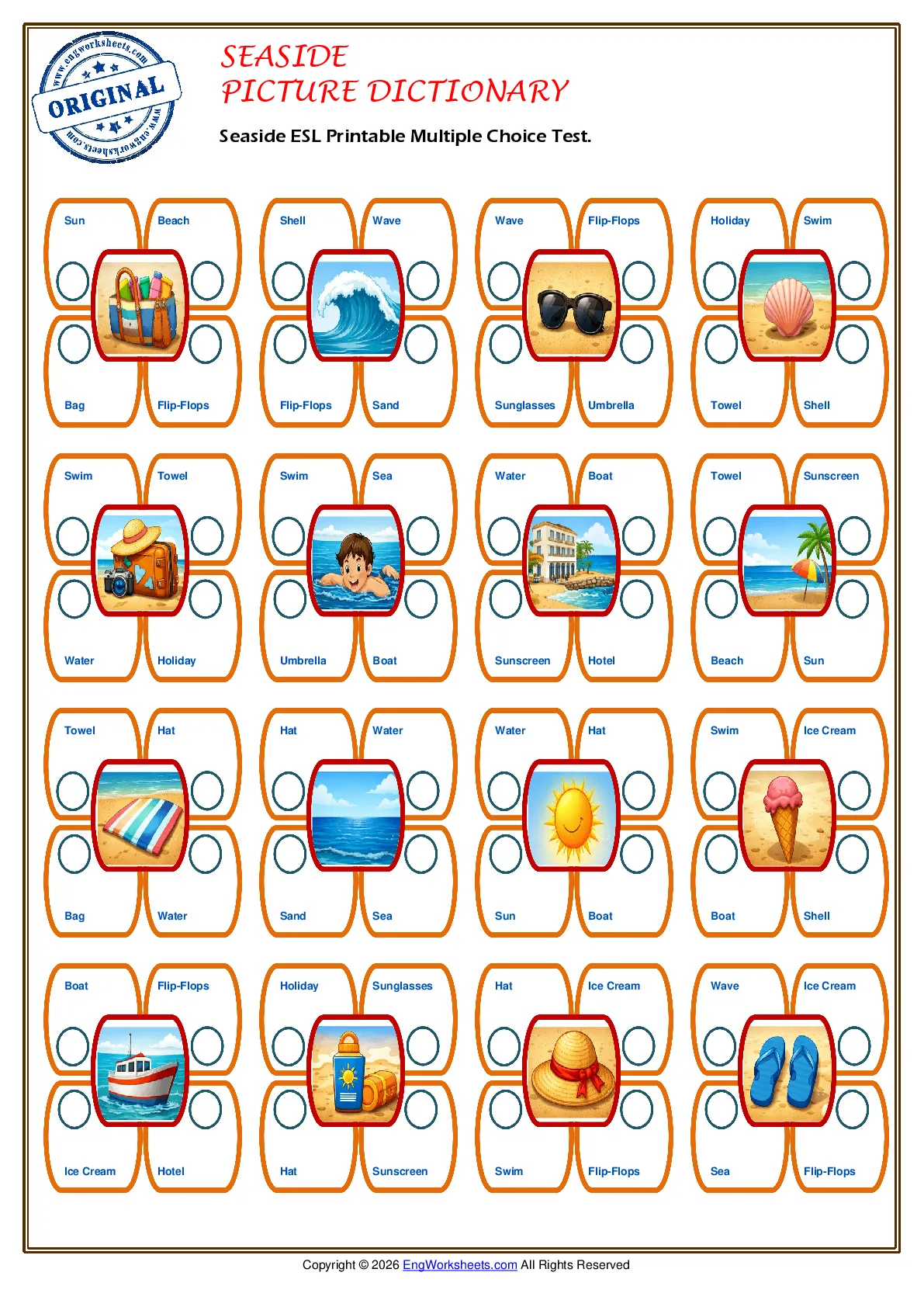 Seaside ESL Printable Multiple Choice Test. Worksheet Preview