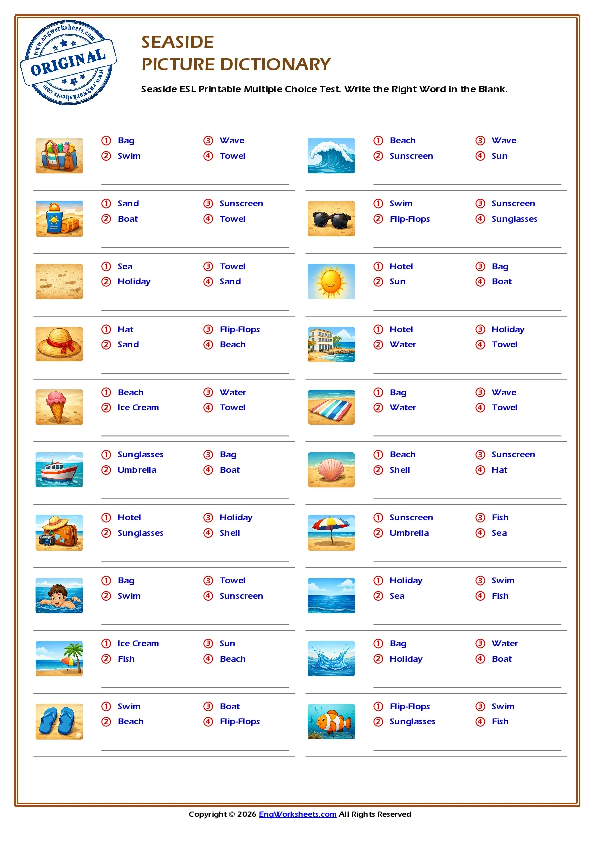 Seaside ESL Printable Multiple Choice Test. Write the Right Word in the Blank. Worksheet Preview