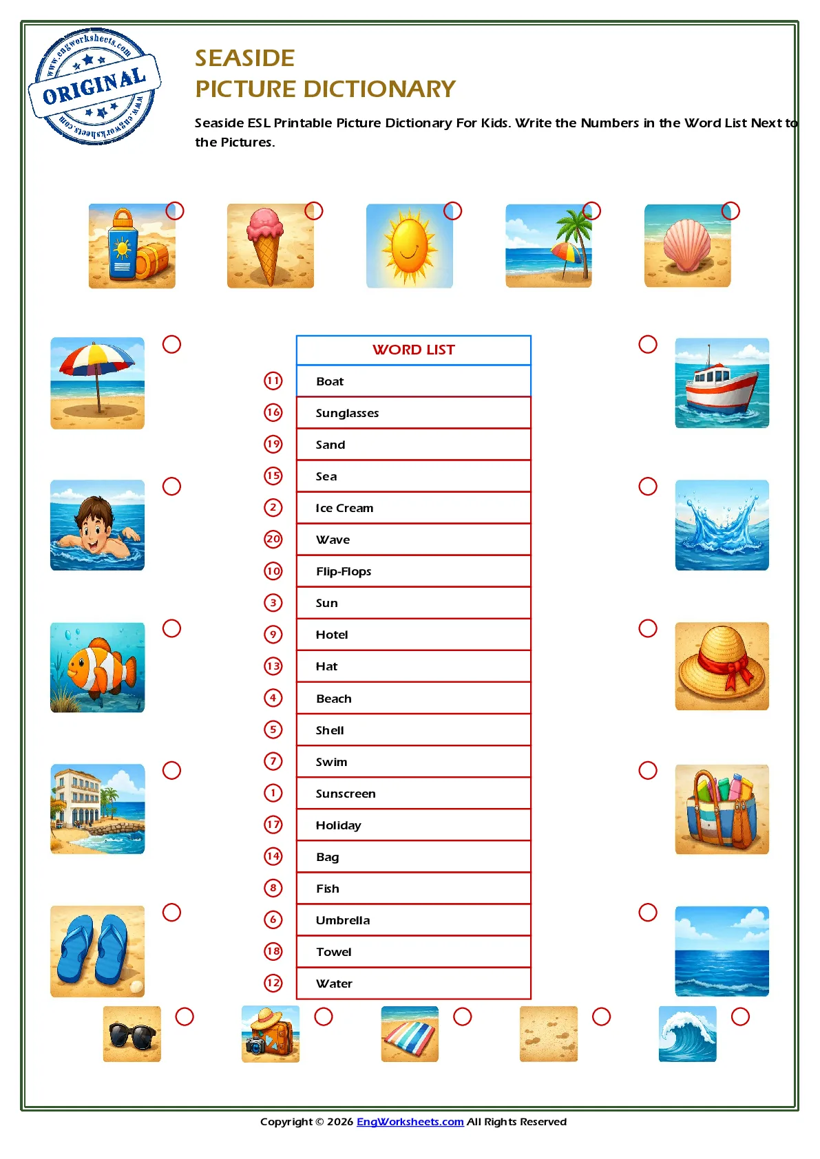 Seaside ESL Printable Picture Dictionary For Kids. Write the Numbers in the Word List Next to the Pictures. Worksheet Preview
