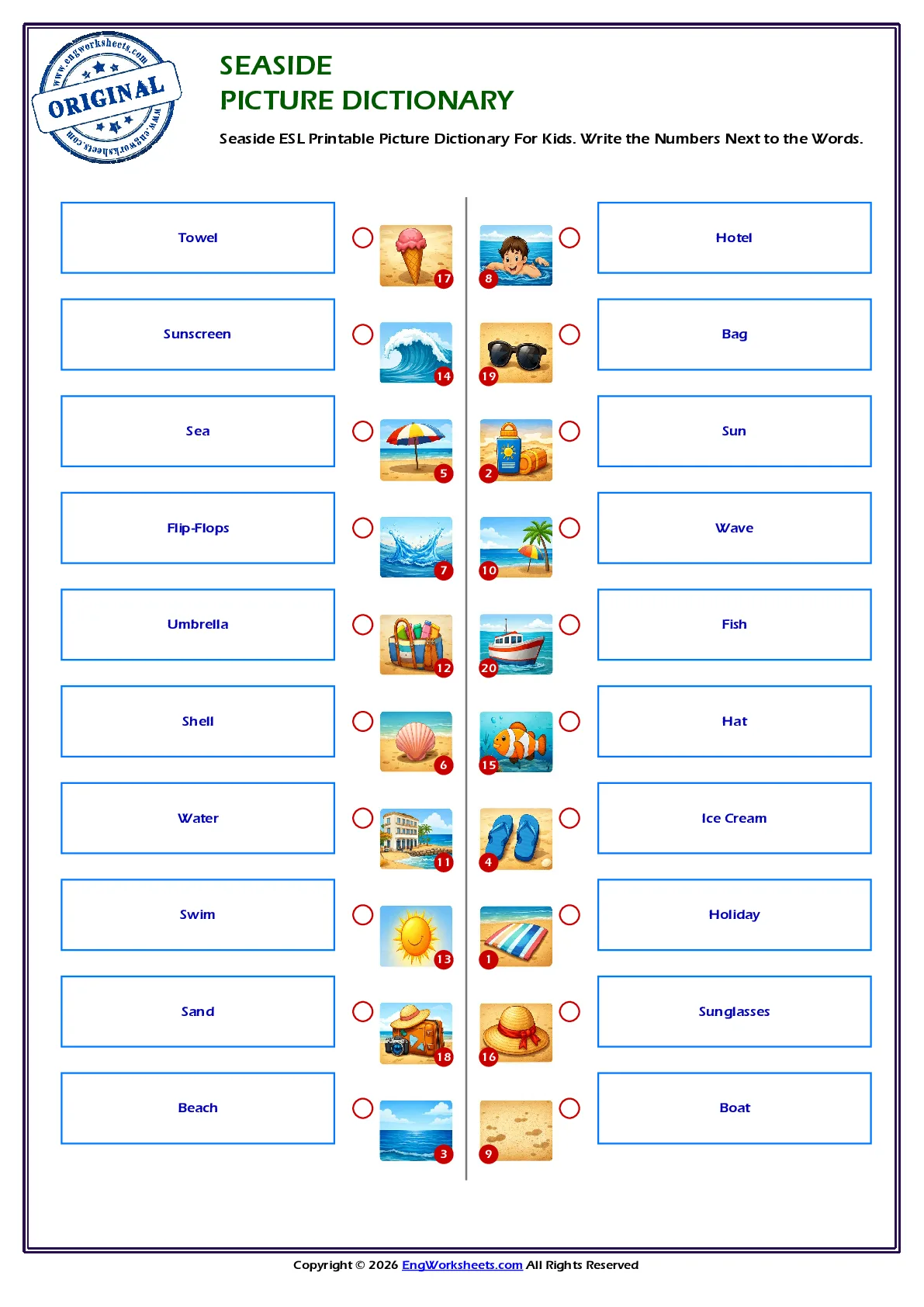 Seaside ESL Printable Picture Dictionary For Kids. Write the Numbers Next to the Words. Worksheet Preview