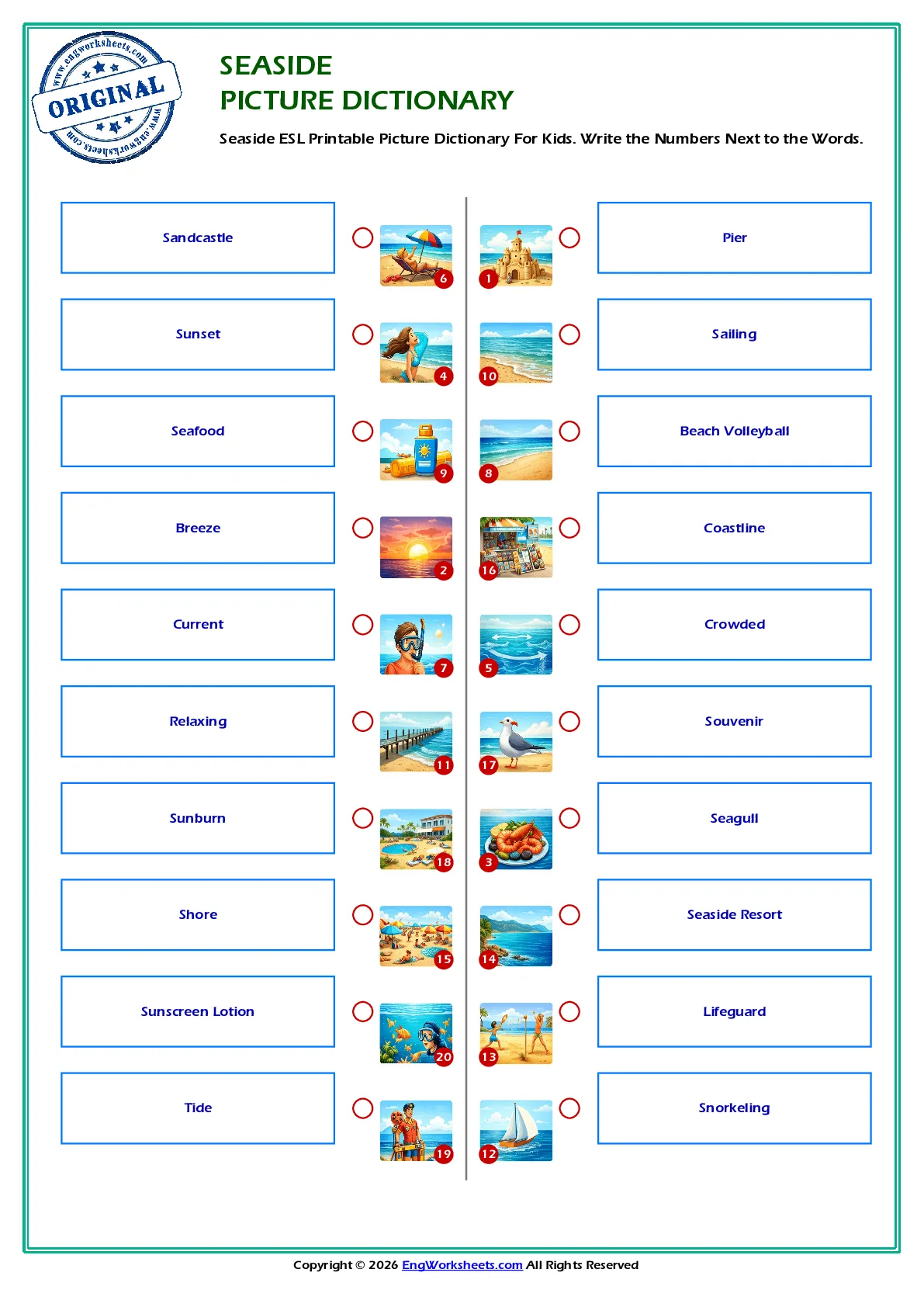Seaside ESL Printable Picture Dictionary For Kids. Write the Numbers Next to the Words. Worksheet Preview