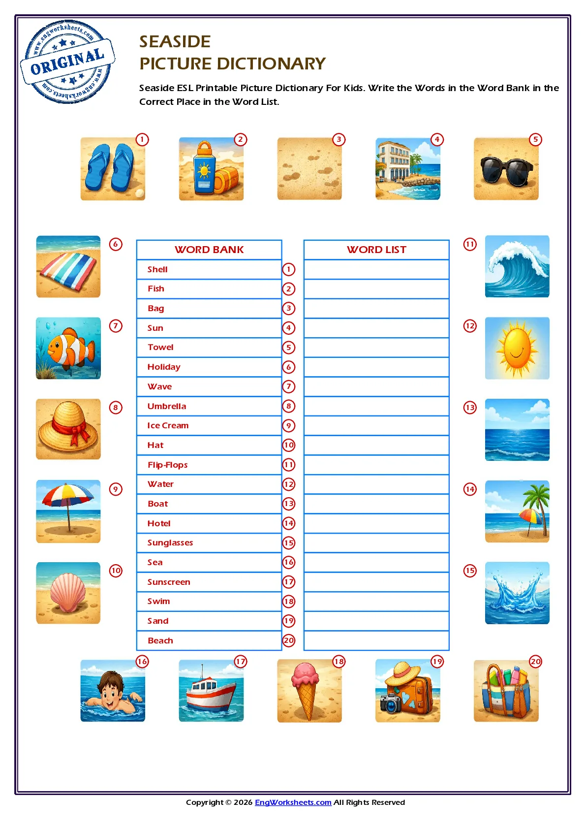 Seaside ESL Printable Picture Dictionary For Kids. Write the Words in the Word Bank in the Correct Place in the Word List. Worksheet Preview