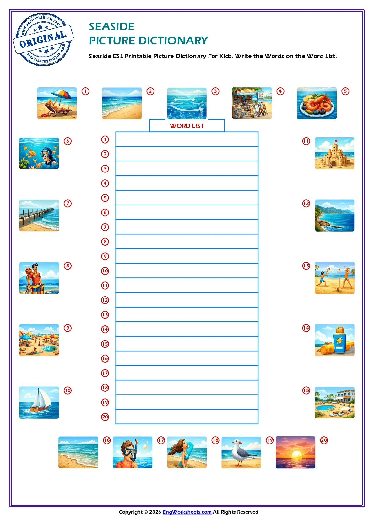 Seaside ESL Printable Picture Dictionary For Kids. Write the Words on the Word List. Worksheet Preview