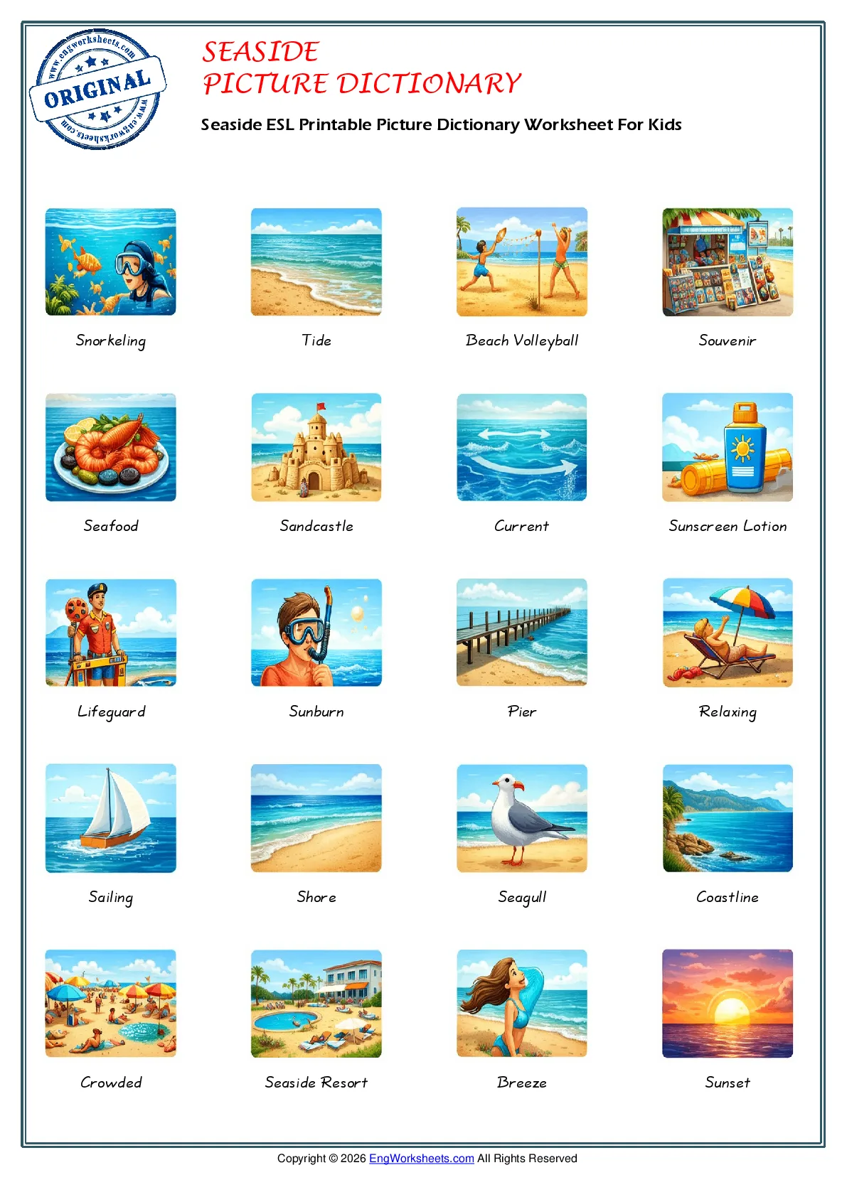 Seaside ESL Printable Picture Dictionary Worksheet For Kids Worksheet Preview