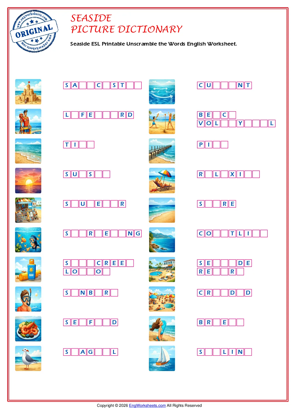 Seaside ESL Printable Unscramble the Words English Worksheet. Worksheet Preview