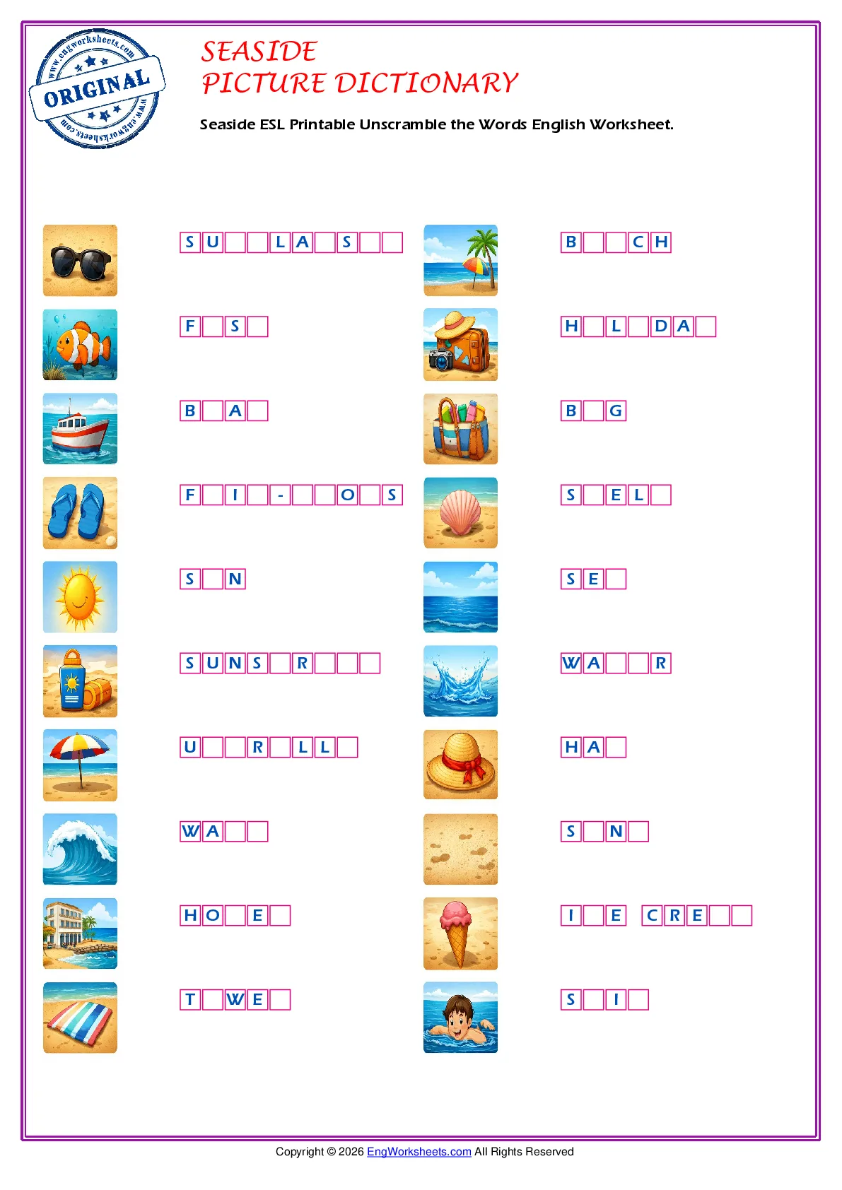Seaside ESL Printable Unscramble the Words English Worksheet. Worksheet Preview