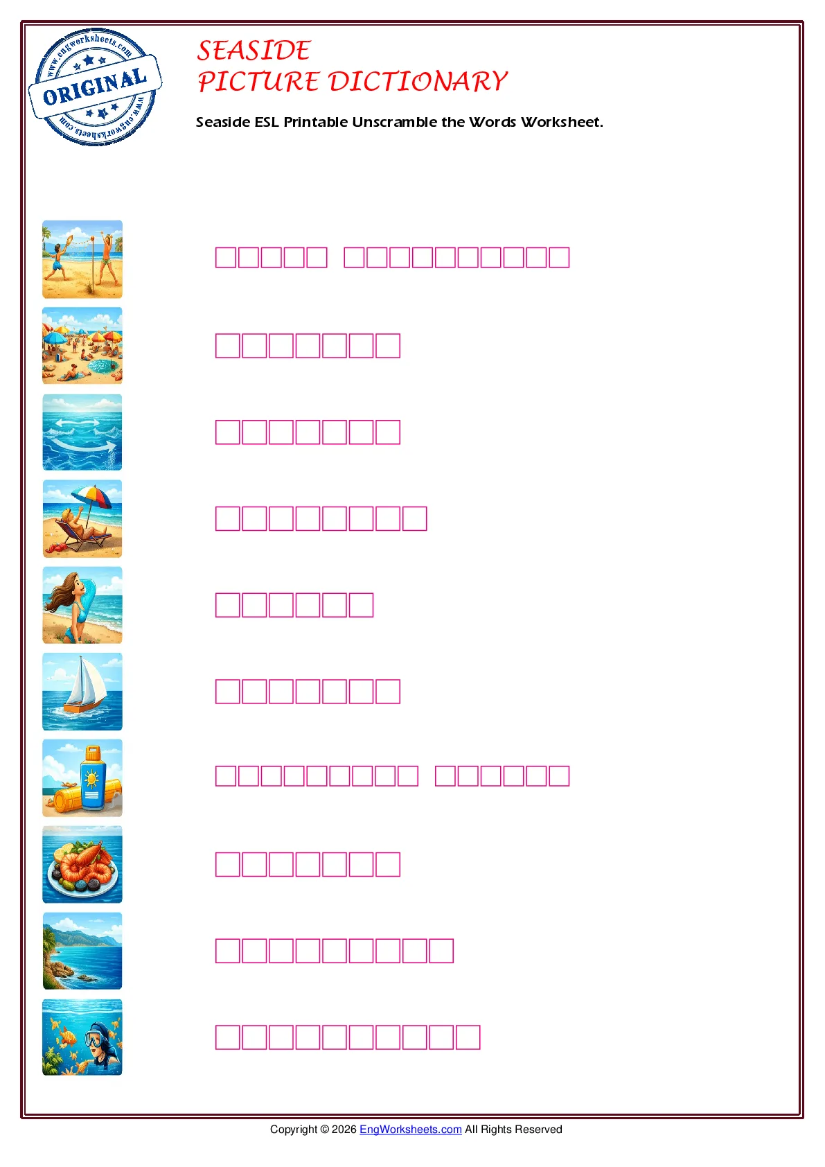 Seaside ESL Printable Unscramble the Words Worksheet. Worksheet Preview
