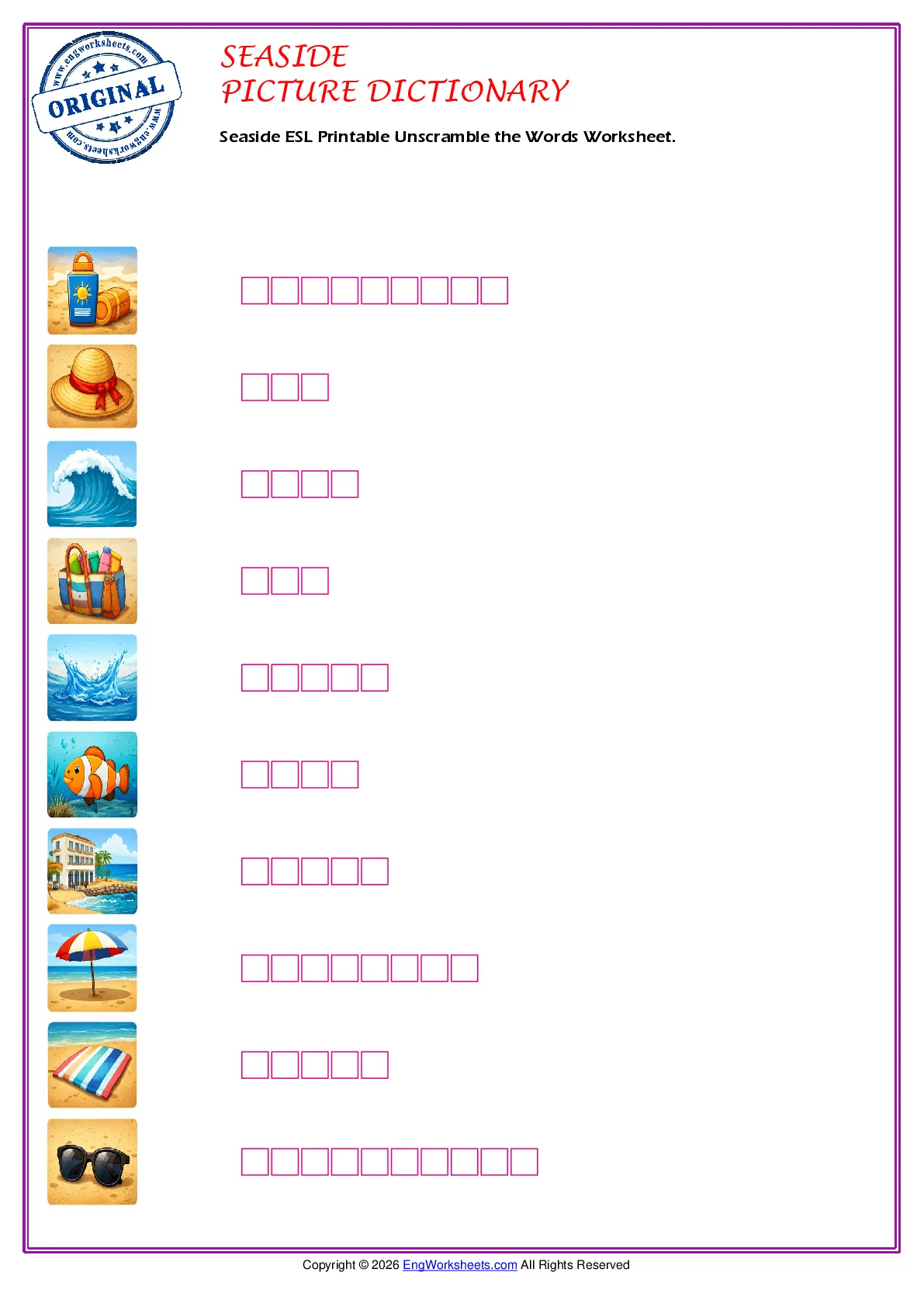 Seaside ESL Printable Unscramble the Words Worksheet. Worksheet Preview