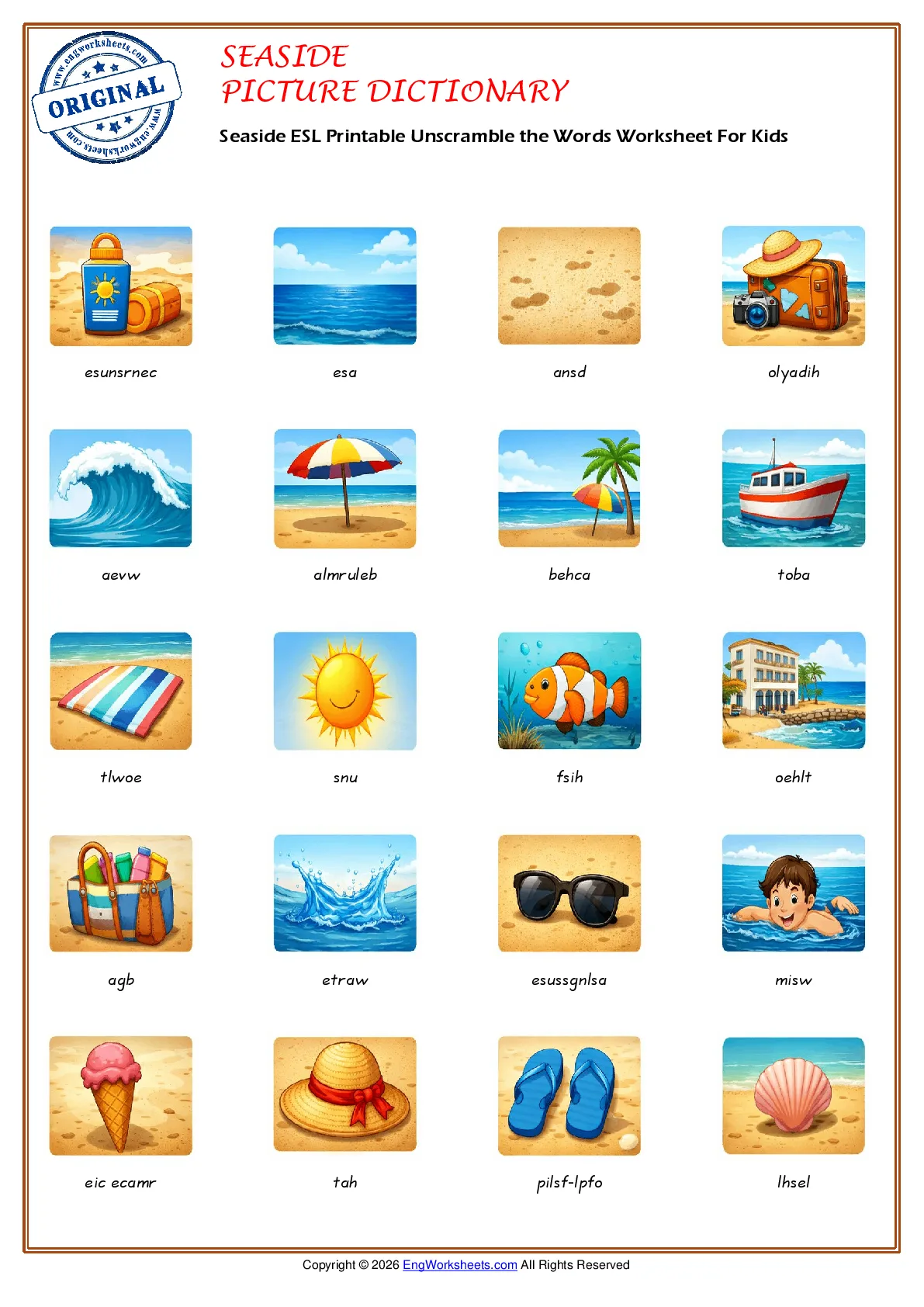 Seaside ESL Printable Unscramble the Words Worksheet For Kids Worksheet Preview