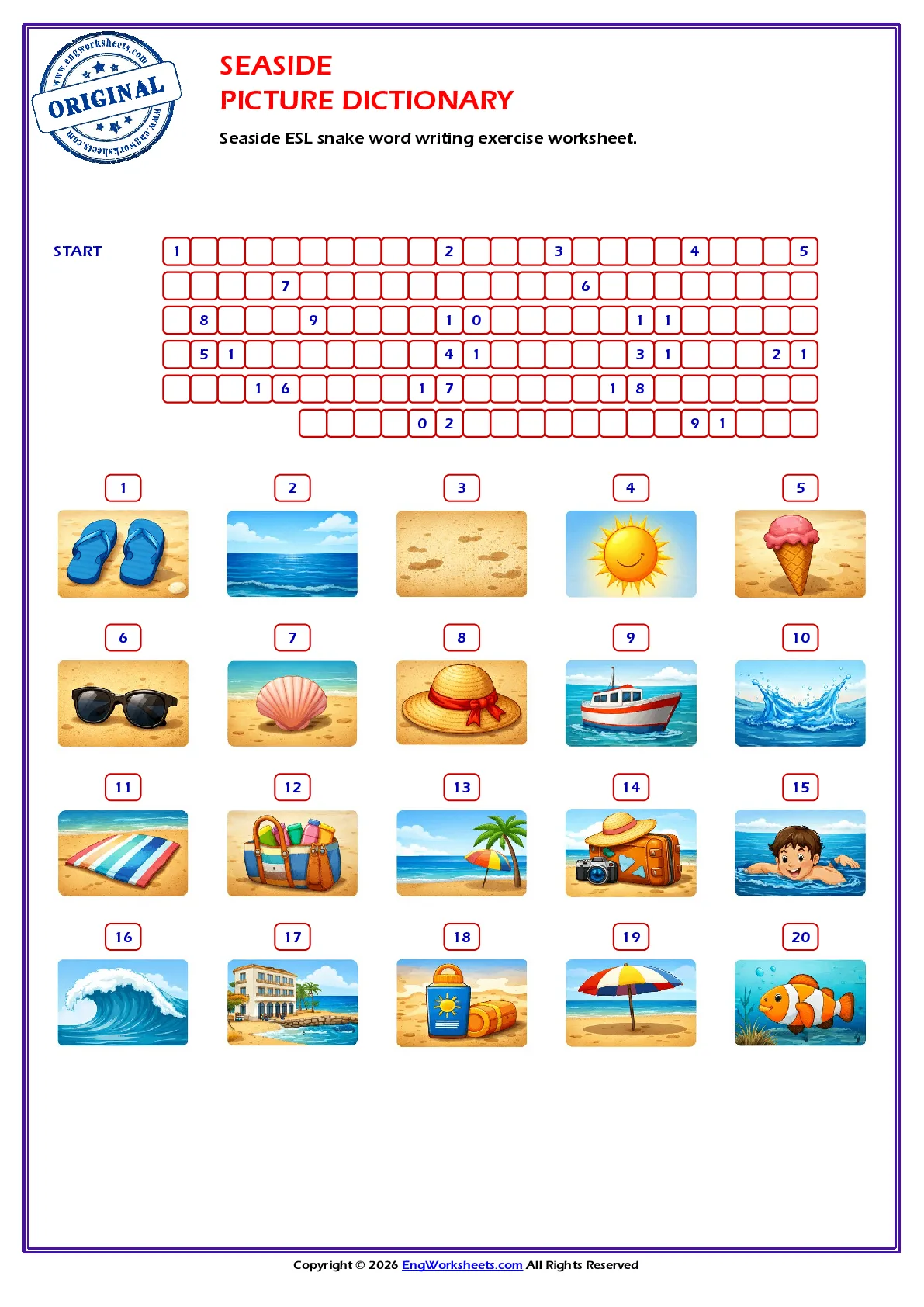 Seaside ESL snake word writing exercise worksheet. Worksheet Preview