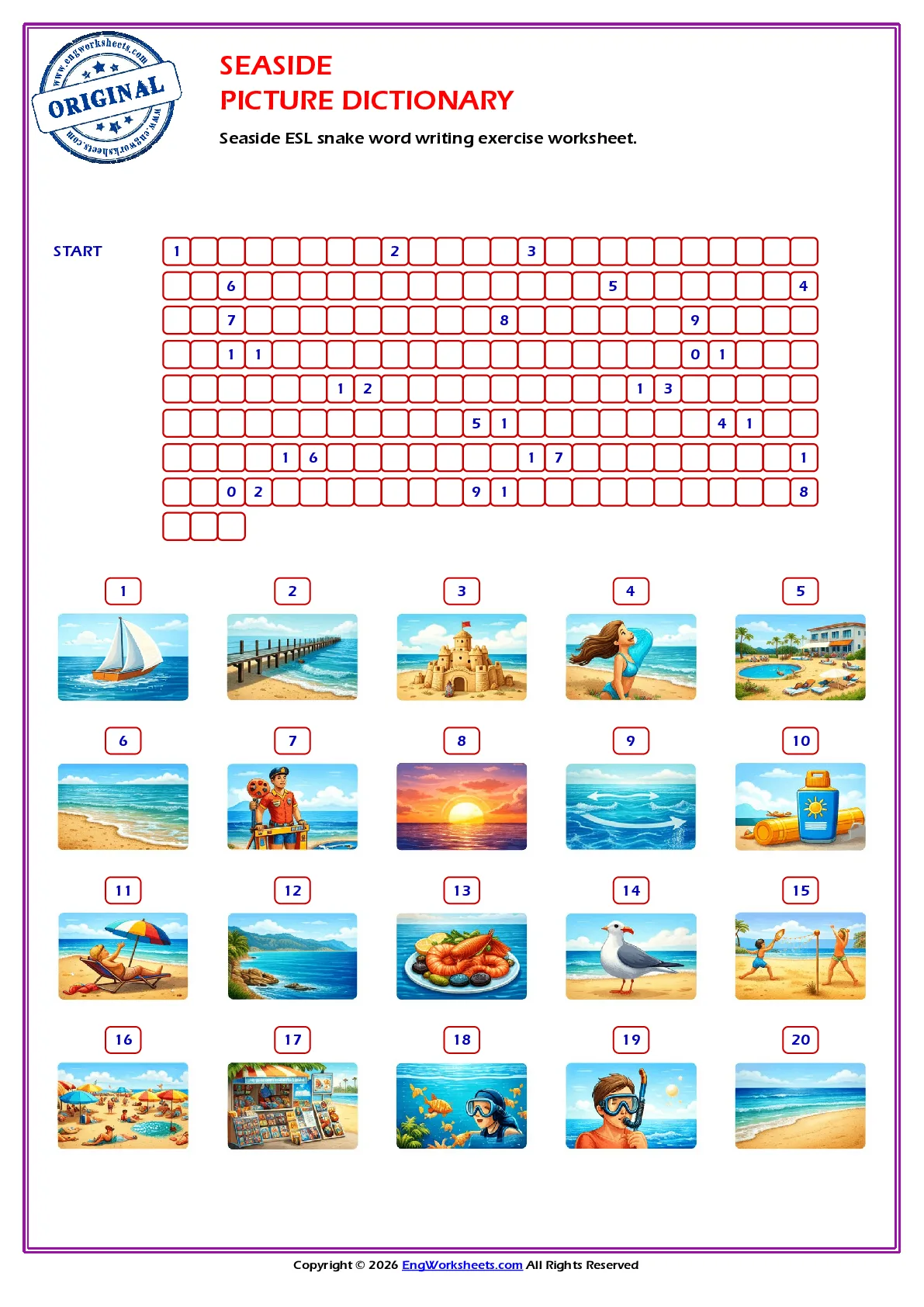 Seaside ESL snake word writing exercise worksheet. Worksheet Preview
