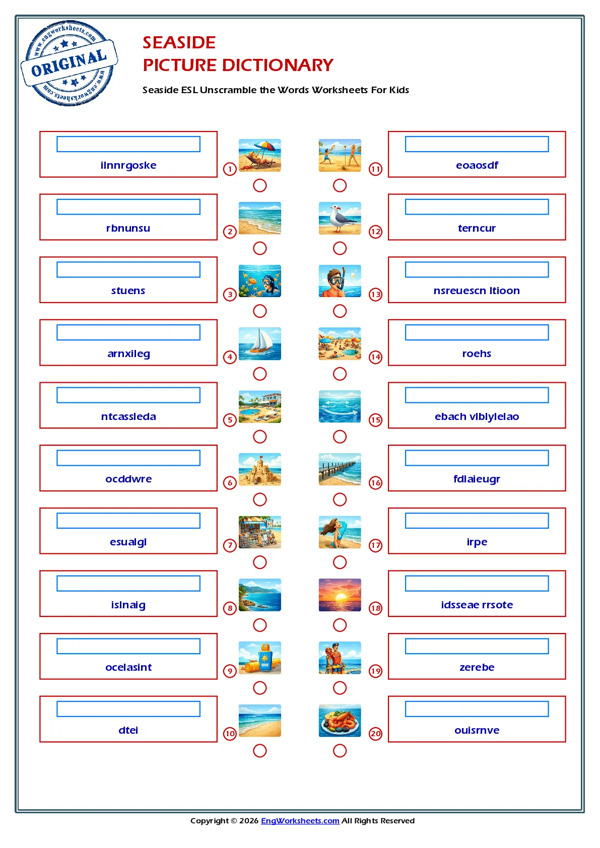 Seaside ESL Unscramble the Words Worksheets For Kids Worksheet Preview