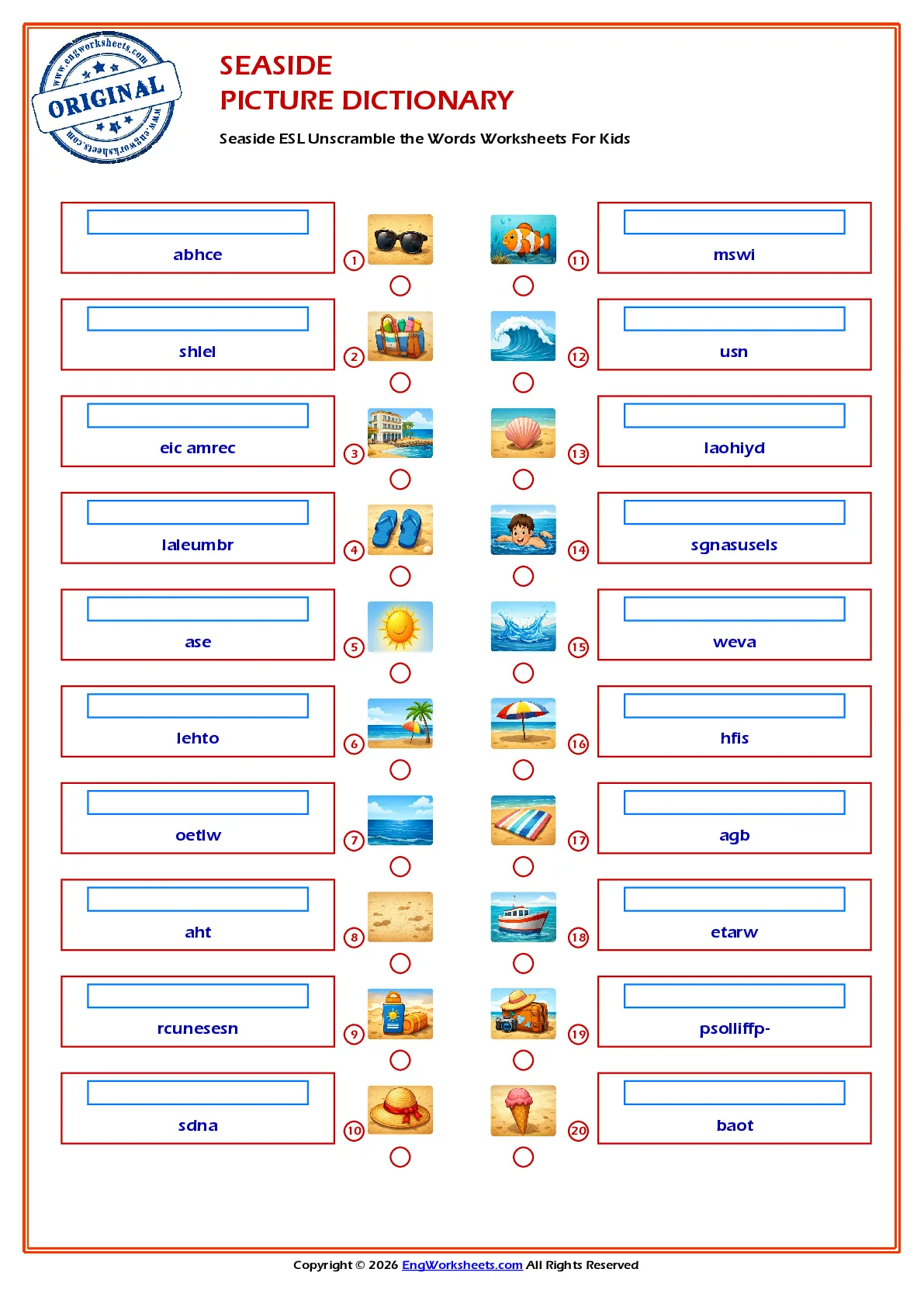 Seaside ESL Unscramble the Words Worksheets For Kids Worksheet Preview