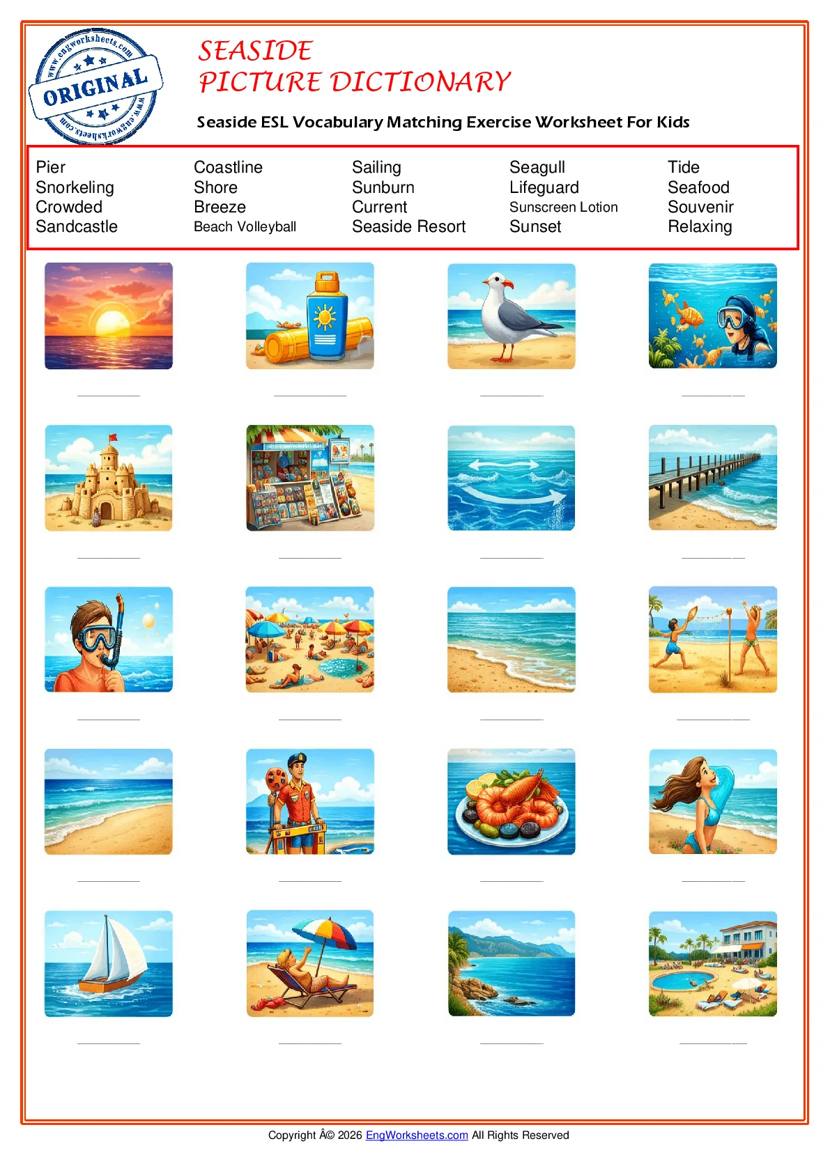 Seaside ESL Vocabulary Matching Exercise Worksheet For Kids Worksheet Preview