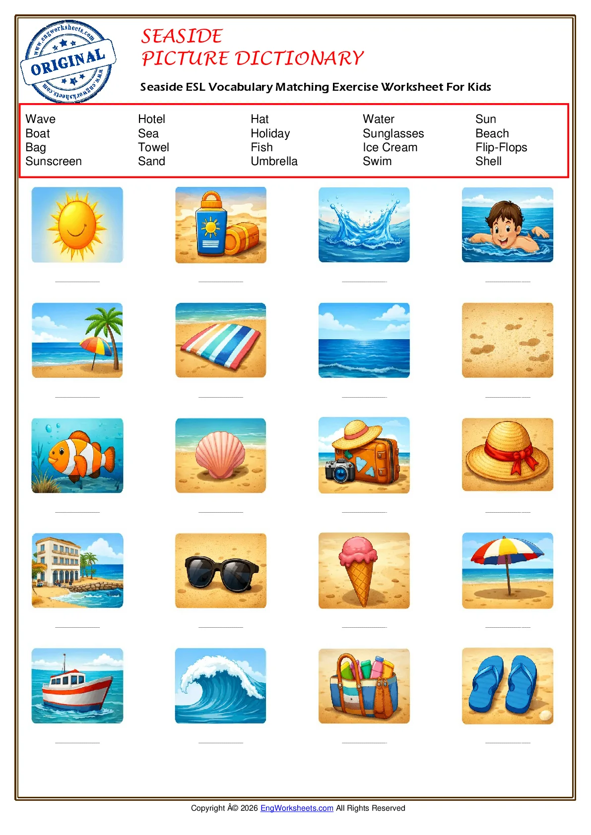 Seaside ESL Vocabulary Matching Exercise Worksheet For Kids Worksheet Preview