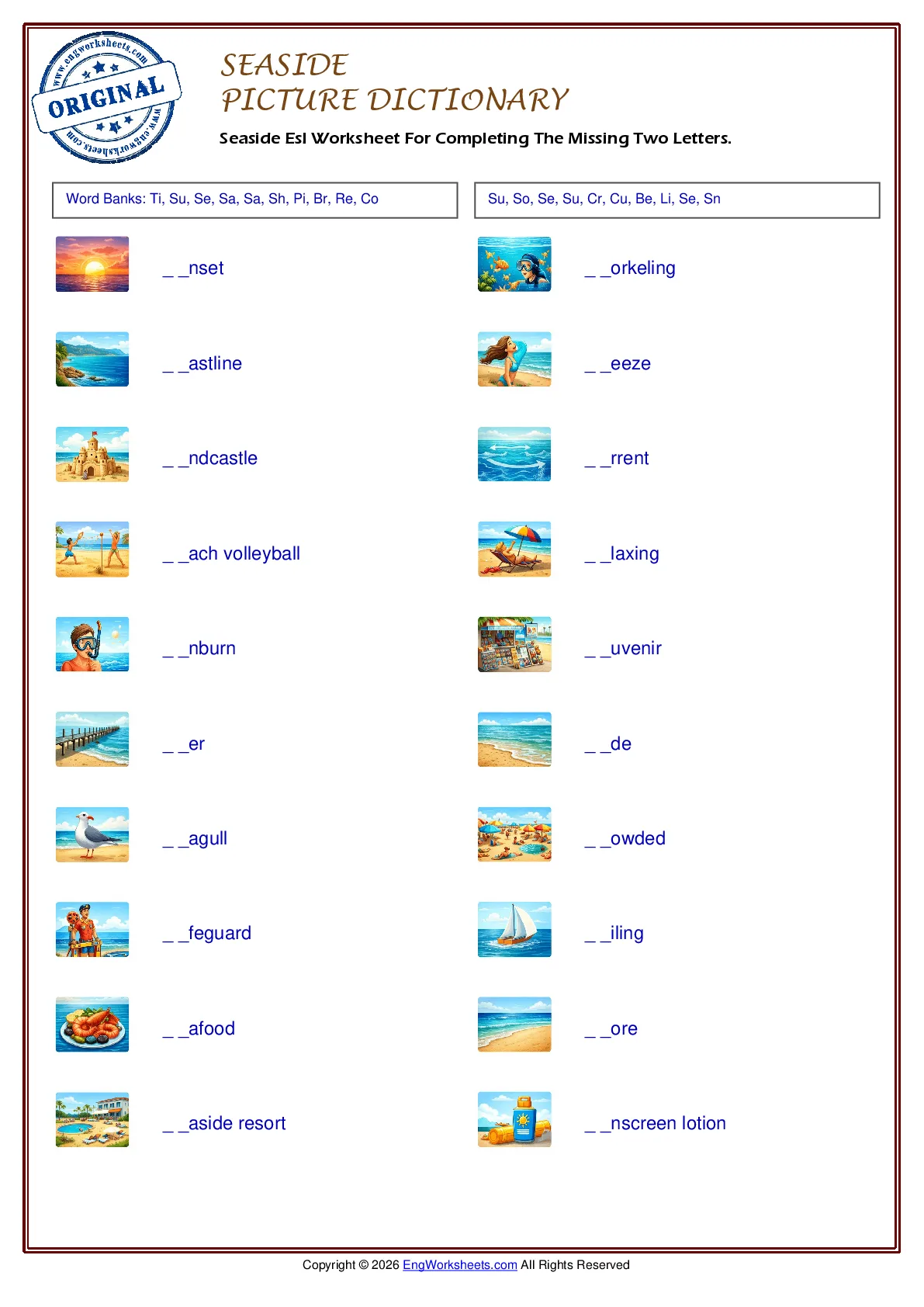 Seaside Esl Worksheet For Completing The Missing Two Letters. Worksheet Preview