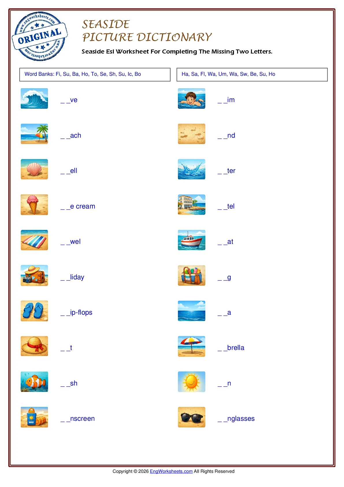 Seaside Esl Worksheet For Completing The Missing Two Letters. Worksheet Preview