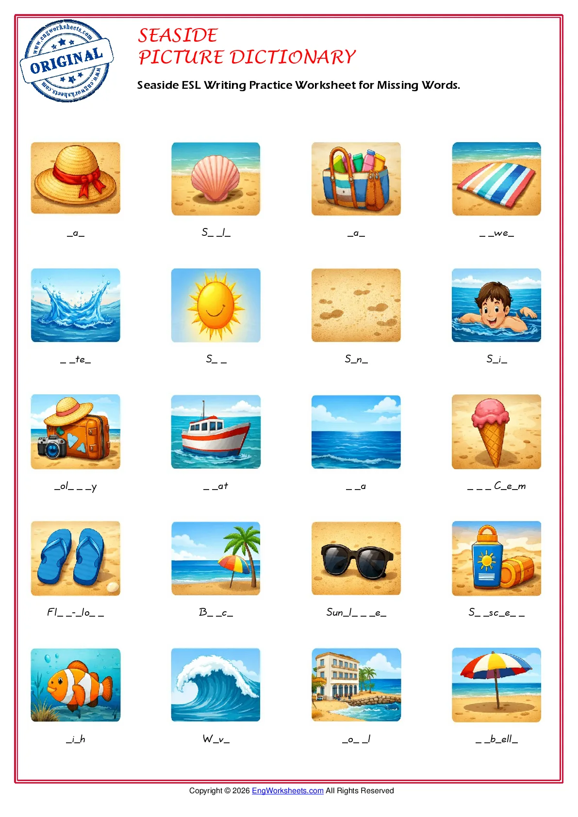 Seaside ESL Writing Practice Worksheet for Missing Words. Worksheet Preview