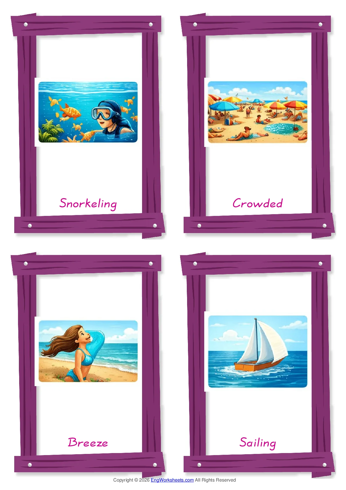 Seaside vocabulary worksheet with words, four images per page