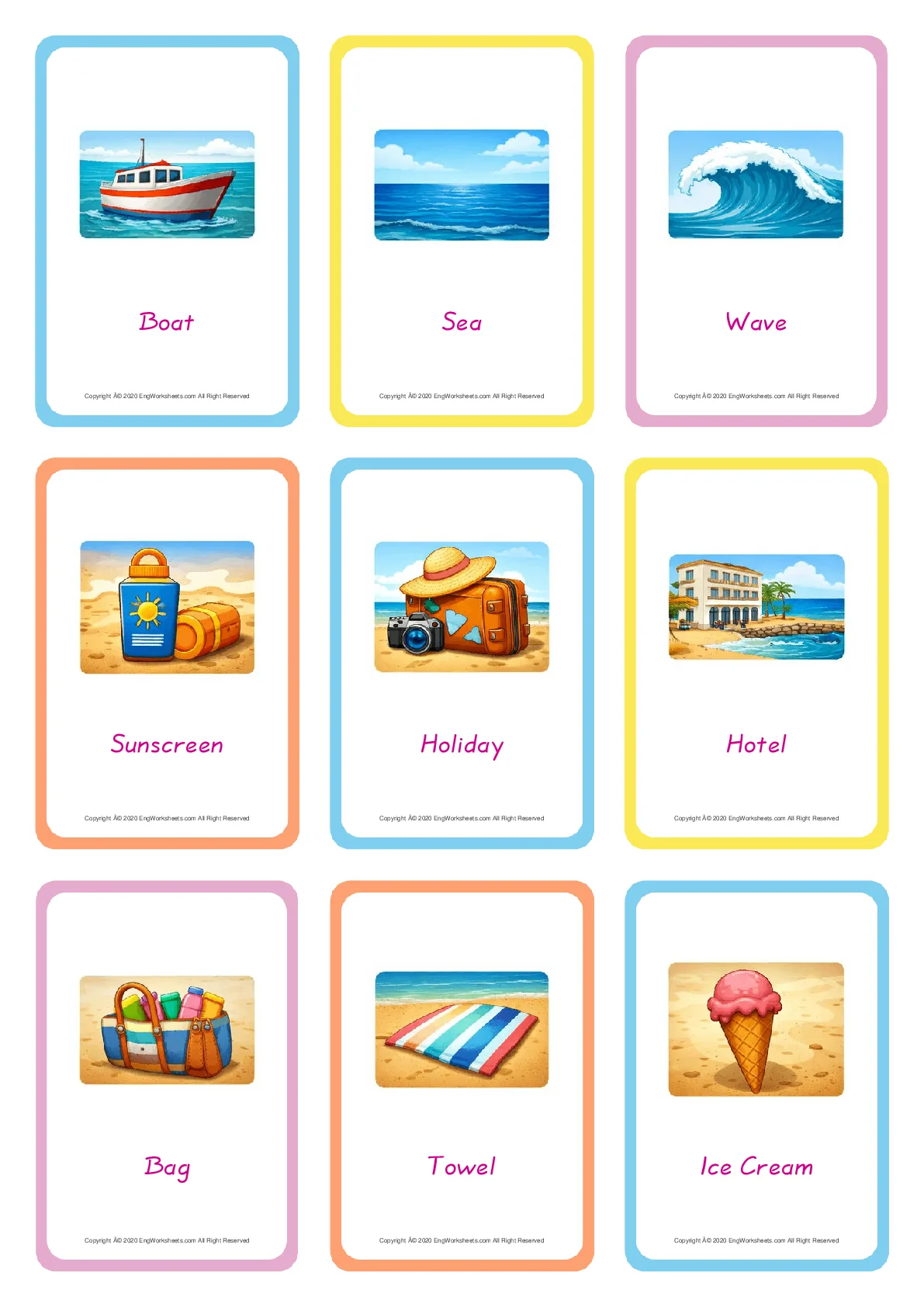 Seaside vocabulary worksheet with words, nine images per page Worksheet Preview