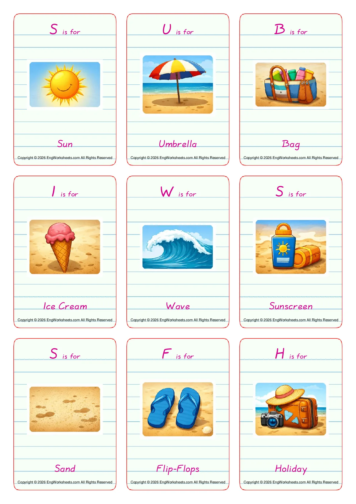 Seaside vocabulary worksheet with words, nine images per page Worksheet Preview
