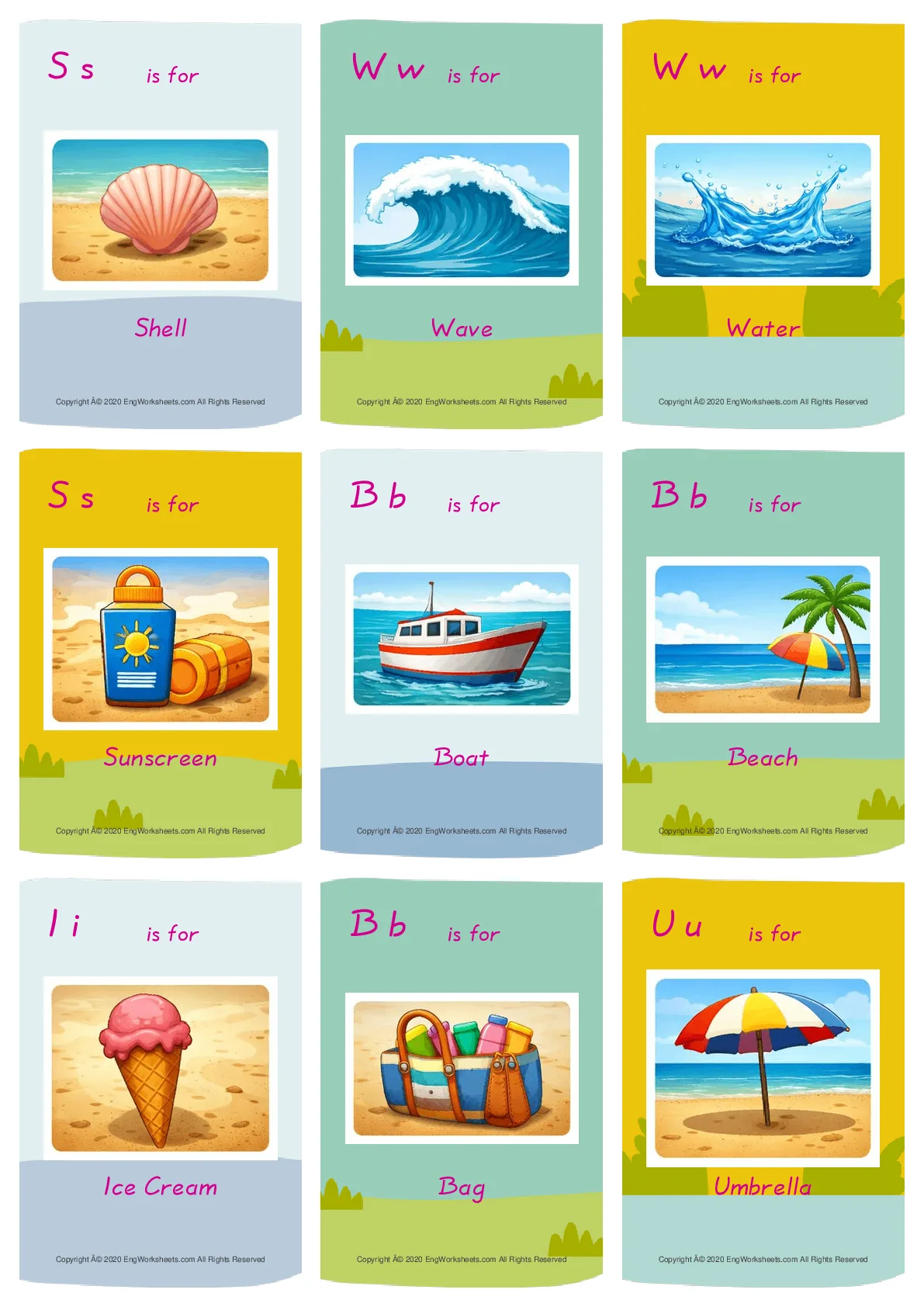 Seaside vocabulary worksheet with words, nine images per page Worksheet Preview