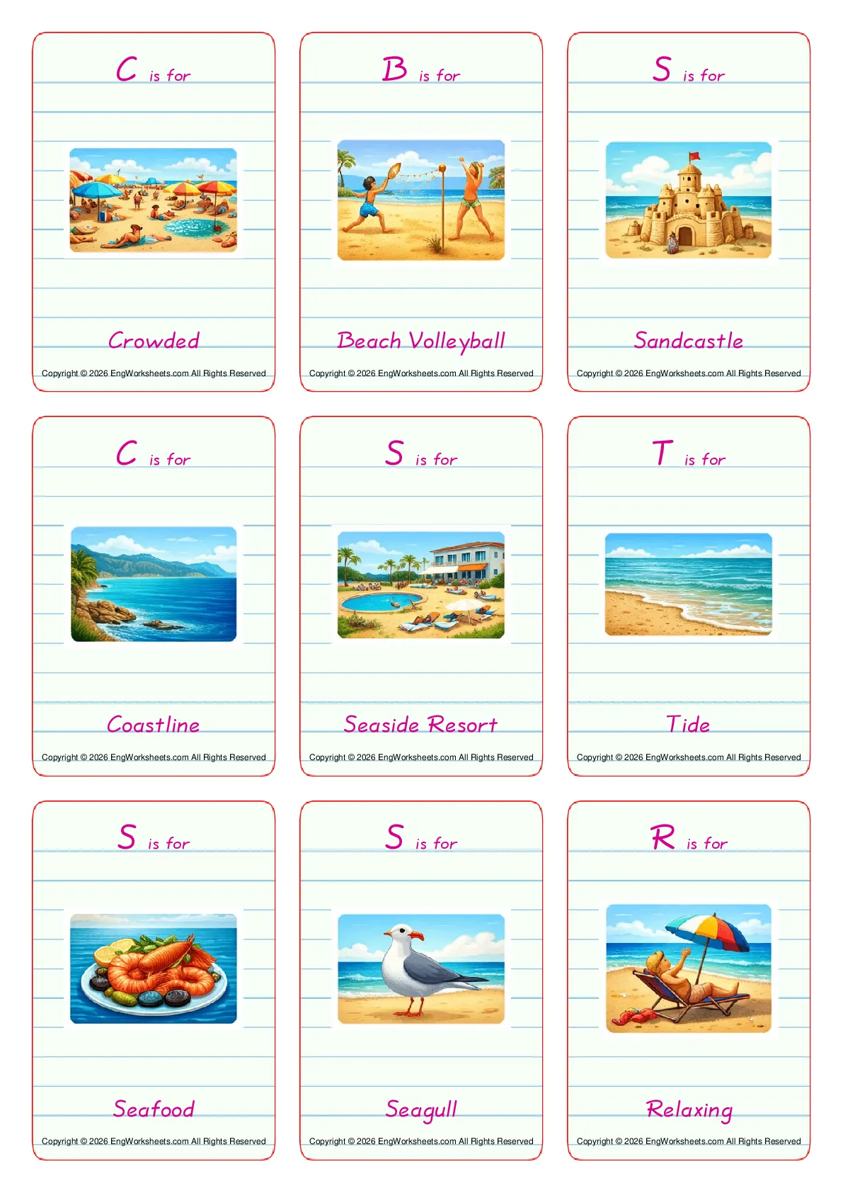 Seaside vocabulary worksheet with words, nine images per page