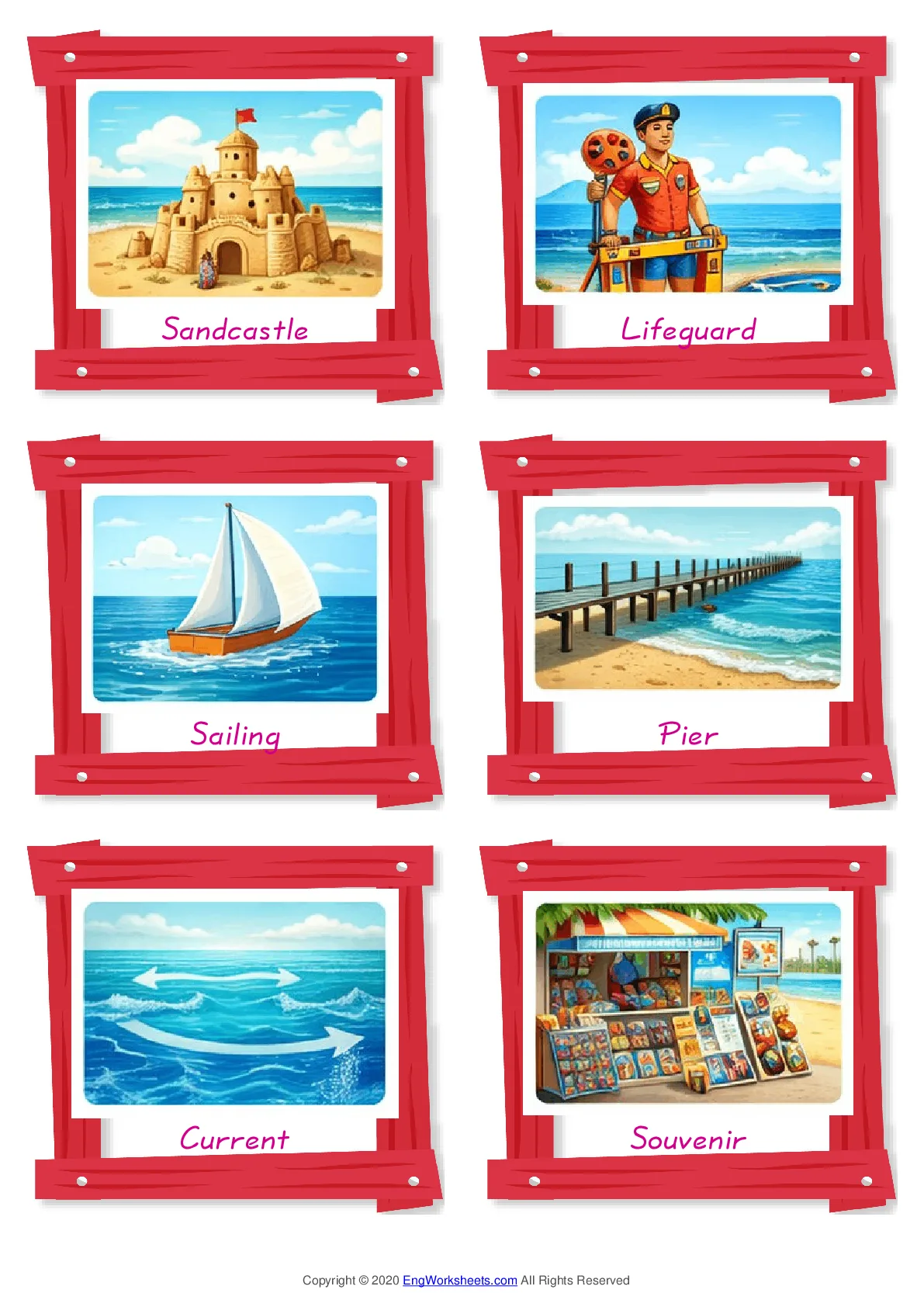 Seaside vocabulary worksheet with words, six images per page