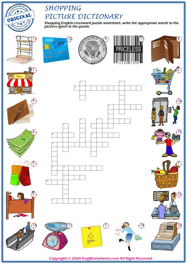 Shopping English crossword puzzle worksheet, write the appropriate words to the pictures given in the puzzle.