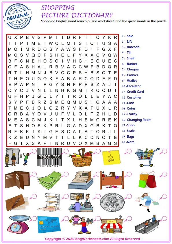 Shopping English word search puzzle worksheet, find the given words in the puzzle. Worksheet Preview