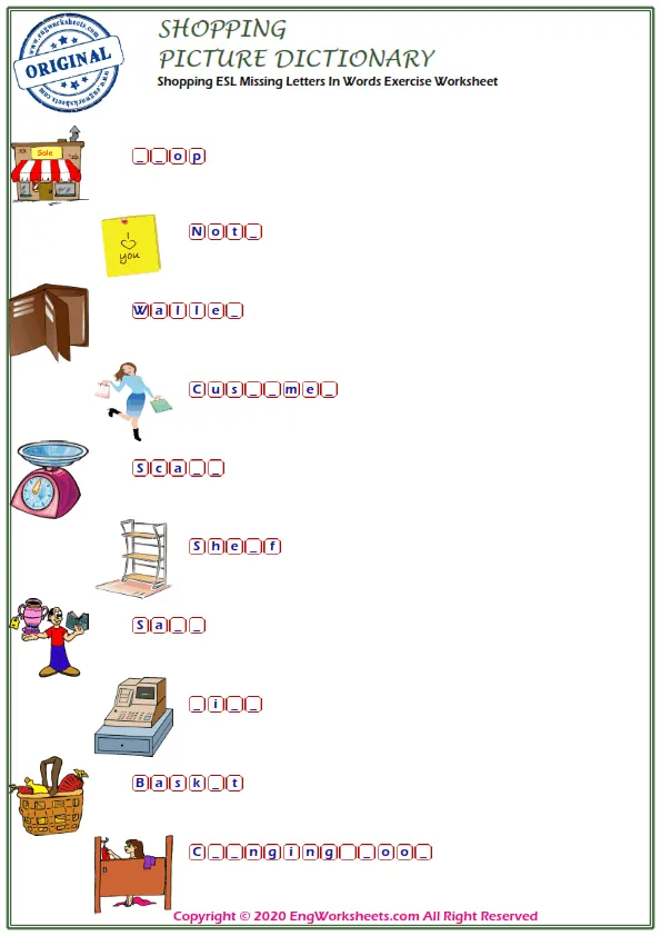 Shopping ESL Missing Letters In Words Exercise Worksheet