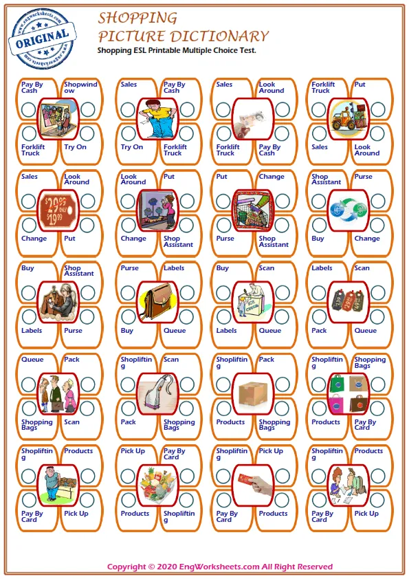 Shopping ESL Printable Multiple Choice Test. Worksheet Preview