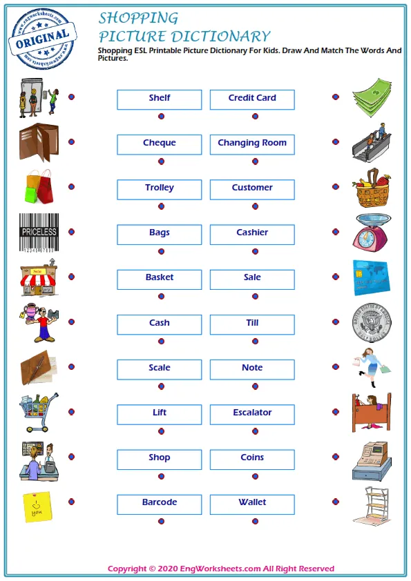 Shopping ESL Printable Picture Dictionary For Kids. Draw And Match The Words And Pictures.