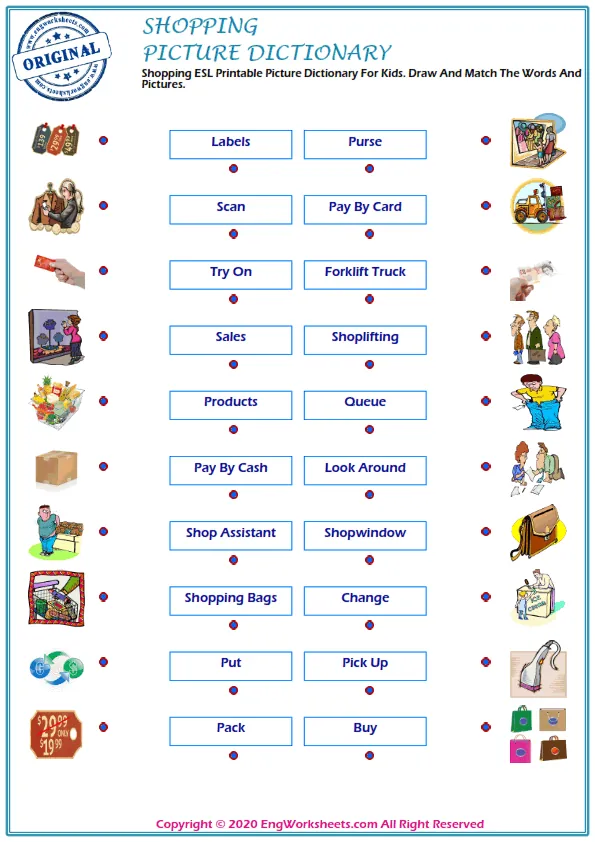 Shopping ESL Printable Picture Dictionary For Kids. Draw And Match The Words And Pictures. Worksheet Preview