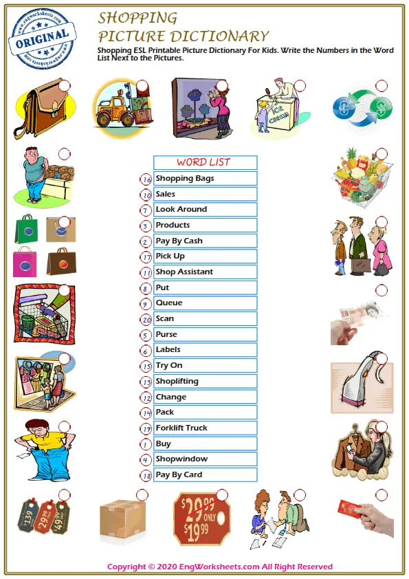 Shopping ESL Printable Picture Dictionary For Kids. Write the Numbers in the Word List Next to the Pictures. Worksheet Preview