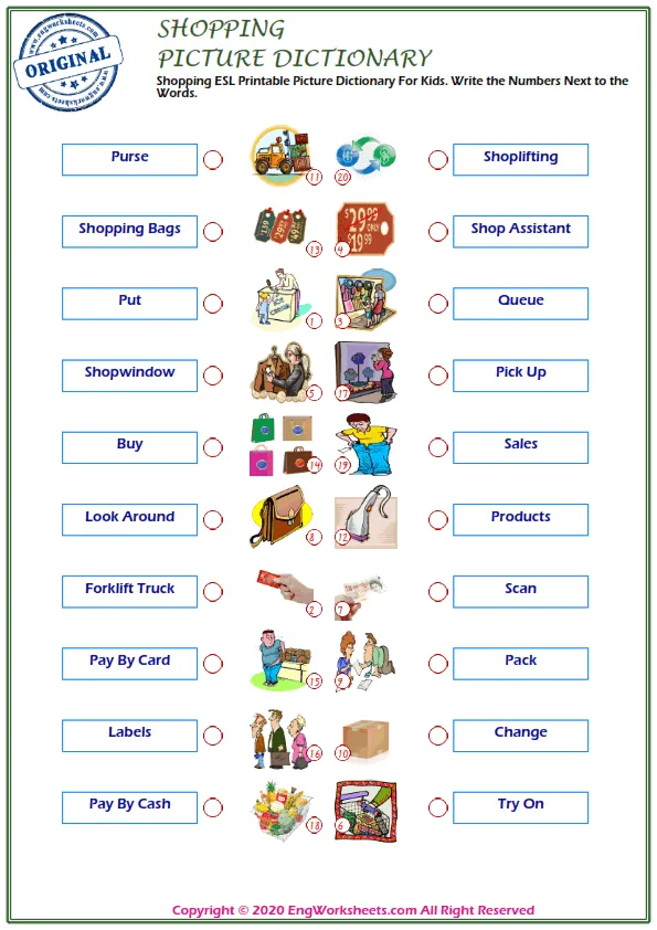 Shopping ESL Printable Picture Dictionary For Kids. Write the Numbers Next to the Words. Worksheet Preview