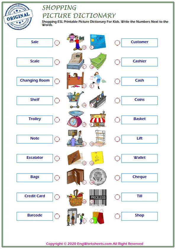 Shopping ESL Printable Picture Dictionary For Kids. Write the Numbers Next to the Words.