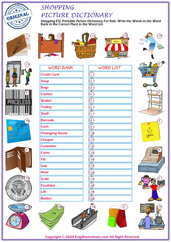 Shopping ESL Printable Picture Dictionary For Kids. Write the Words in the Word Bank in the Correct Place in the Word List. Worksheet Preview