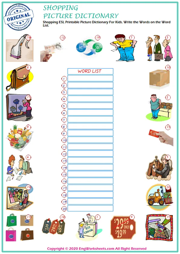 Shopping ESL Printable Picture Dictionary For Kids. Write the Words on the Word List. Worksheet Preview