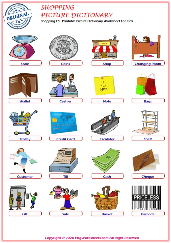 Shopping ESL Printable Picture Dictionary Worksheet For Kids Worksheet Preview