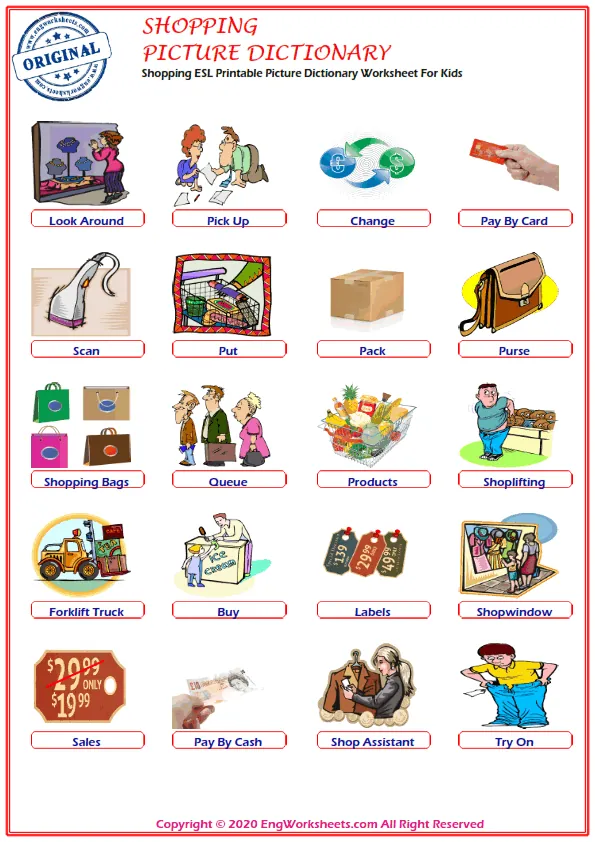 Shopping ESL Printable Picture Dictionary Worksheet For Kids Worksheet Preview
