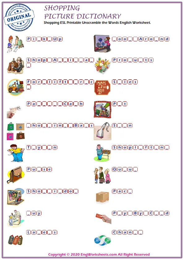 Shopping ESL Printable Unscramble the Words English Worksheet. Worksheet Preview