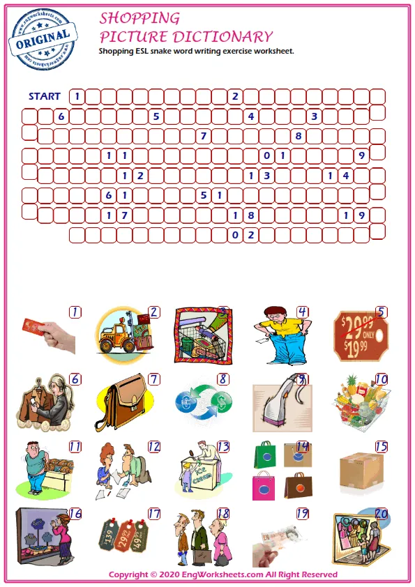 Shopping ESL snake word writing exercise worksheet. Worksheet Preview