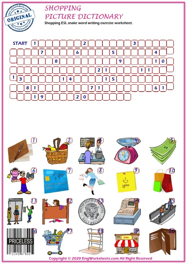 Shopping ESL snake word writing exercise worksheet.