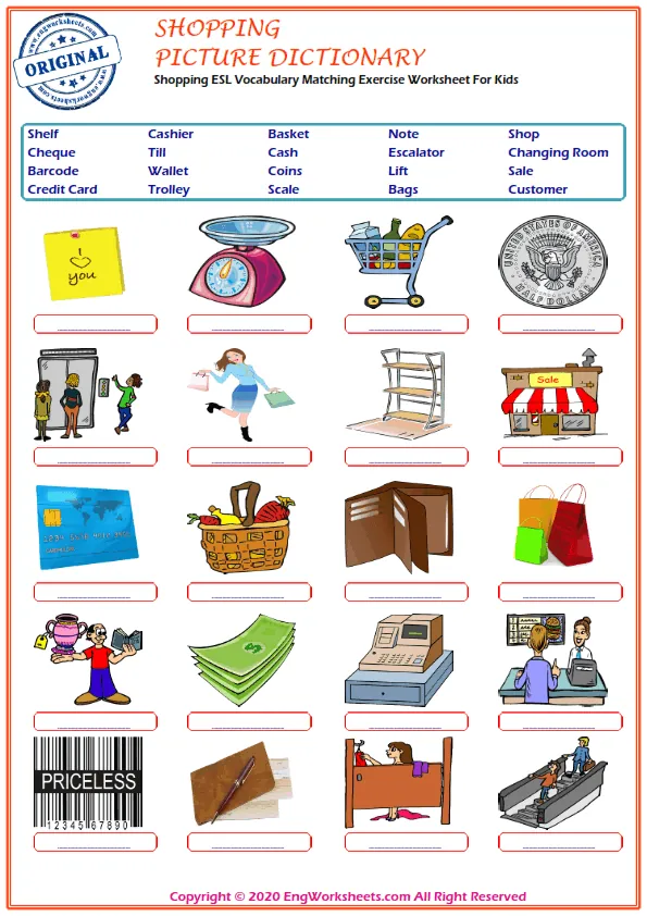 Shopping ESL Vocabulary Matching Exercise Worksheet For Kids