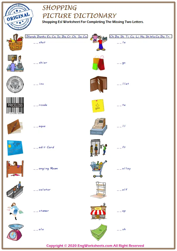 Shopping Esl Worksheet For Completing The Missing Two Letters. Worksheet Preview