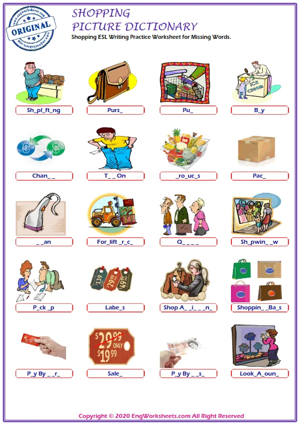 Shopping ESL Writing Practice Worksheet for Missing Words. Worksheet Preview