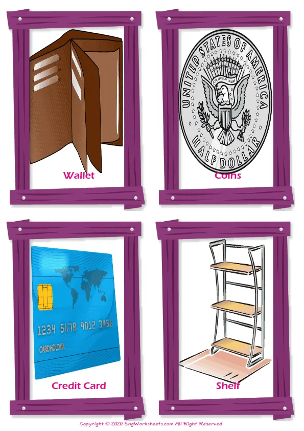 Shopping vocabulary worksheet with words, four images per page