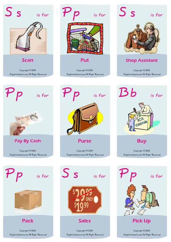 Shopping vocabulary worksheet with words, nine images per page Worksheet Preview
