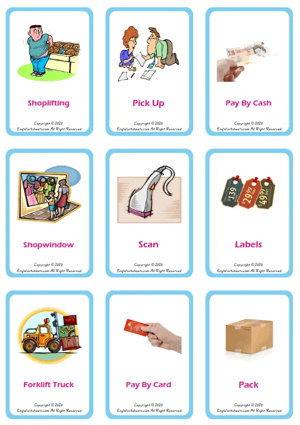 Shopping vocabulary worksheet with words, nine images per page Worksheet Preview
